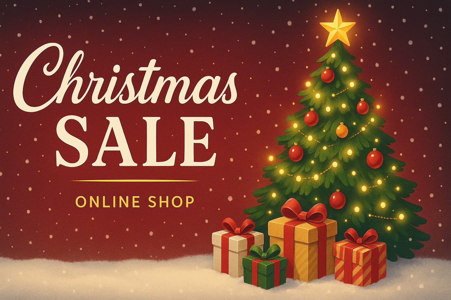 Christmas e-commerce homepage banner, warm and cheerful atmosphere, snow in the background, bright Christmas tree with lights, gifts next to the tree, red and green colors, elegant text saying ‘Christmas Sale’, golden highlights, modern and attractive design for online shop, 1920x1080, digital illustration