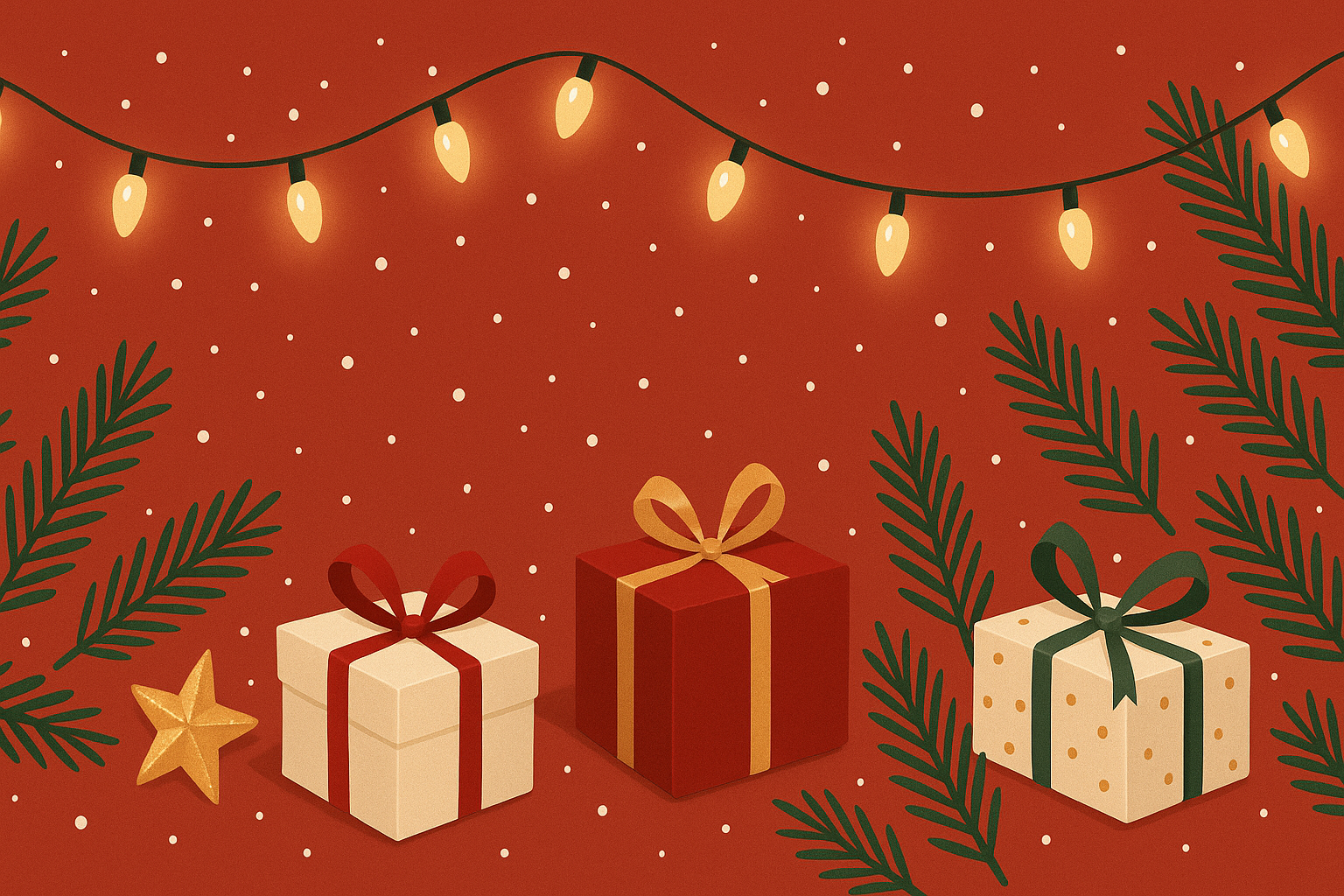 Generate a Christmas-themed footer image for an e-commerce website. Include festive elements like snow, Christmas lights, small gifts, and pine branches. Warm and cheerful colors: red, green, gold, and white. Horizontal layout suitable for the bottom of a webpage, modern and elegant digital illustration